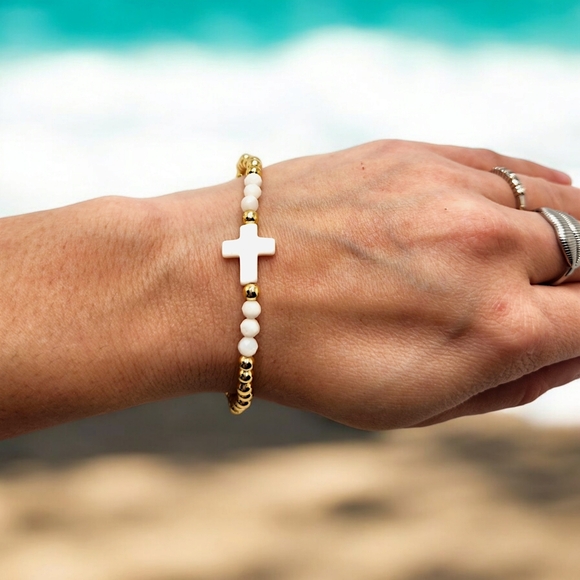 4 mm Golden Hematite,  Mother of Pearl Cross charm bracelet - Picture 4 of 4